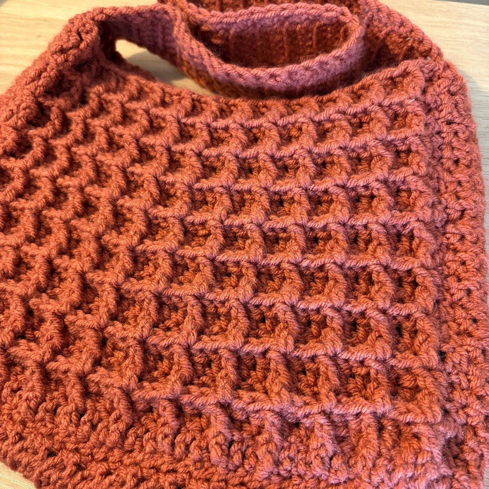 Handmade Crochet Shoulder Bag Rust Orange Waffle Stitch Boho Hobo Tote - Picture 2 of 5